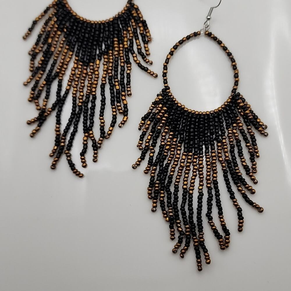 Vesper Fringe Black Boho Beaded Hoop Earrings - Picture 2 of 3